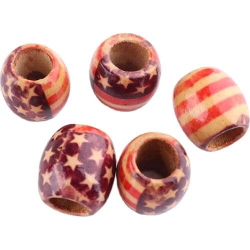 Natural wood beads 16mm Striped stars Blue red For Jewelry Making DIY Bracelet Bead Accessories Loose Ball Big beads Hole Supply
