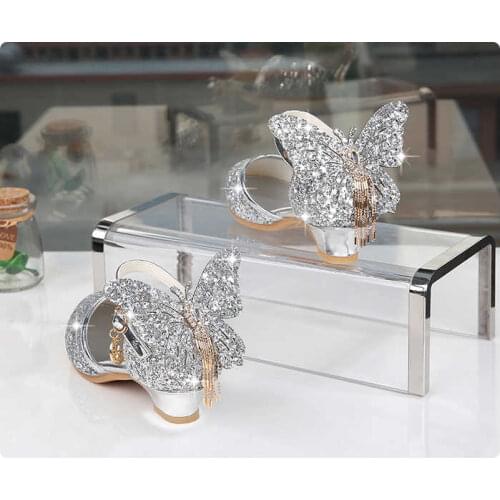 Princess Kids Leather Shoes For Girls Glitter Butterfly Knot Dress Party Children High Heel Csuals Shoe For kids Pink Silver
