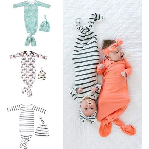 Baby Swaddle Set Super Soft Knotted Long Sleeve V Neck Sleeping Bag + Beanie Hat Set