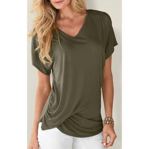 Loose V-neck Short-sleeved T-shirt Women Irregular Hem Folds Tees Womens 2021 Solid Casual High-quality Cotton Tops for Woman