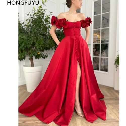 HONGFUYU Gorgeous Long Satin Prom Dresses for Women Flower Off Shoulder 2021 A-line Pockets Evening Party Gowns robes de soirée