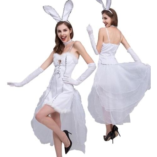 Carnival Halloween Lady White Bunny Girl Costume Tuxedo Rabbit Nightclub Playsuit Cosplay Fancy Party Dress