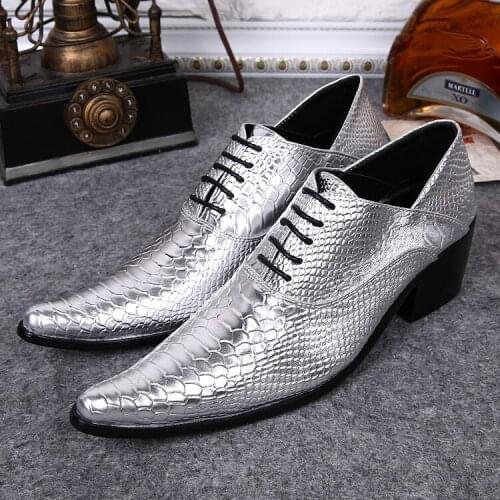 Classic Elegant Sliver Mens Shoes Hidden High Heels Snake Skin Genuine Leather Oxford Shoes For Men Office Business Dress shoes