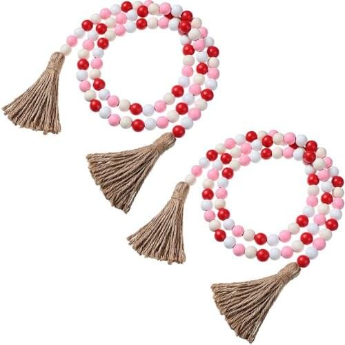 2Pieces Valentines Day Wooden Beaded Garland with Tassels Farmhouse Rustic Country Wood Bead Garland Decoration 10.8 Ft
