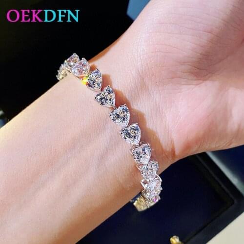 OEKDFN Luxury 925 Sterling Silver Bracelet For Women Heart Created Moissanite Bangle Charm Wedding Bracelets Fine Jewelry Gift