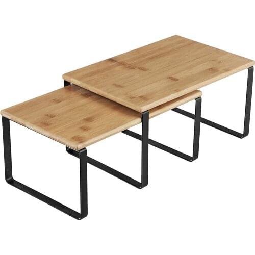 Cabinet Shelf Organizers, Set of 2 Kitchen Counter Shelves, Stackable, Expandable, Metal and Bamboo, Black and Natural UKCS02NB