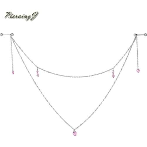 PiercingJ Pink Hearts Handcrafted Dangle Nipple Rings Nipple Chain Barbell 14G 5/8" Body Piercing Nipplerings Women