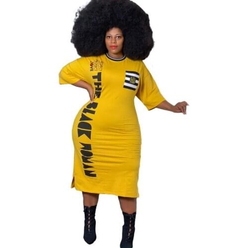 African T Shirt Dress Women 4XL 5XL Plus Size Half Sleeve Mid Calf Robes Summer New Letter Print Loose Casual African Dress 2021