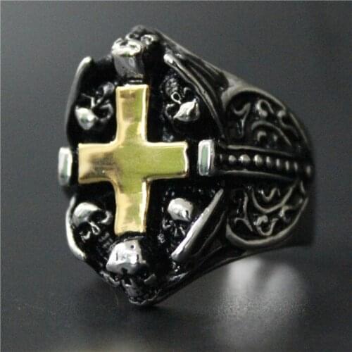 Drop Ship Size 7-11 Cool Fashion Golden Jesus Cross Skull Ring 316L Stainless Steel Mens Bikers Bible Ring