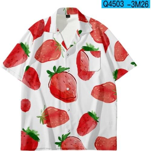 Harajuku Short Sleeve White Shirts for Men Loose Personalized Cartoon Fruit Printing Summer Casual Turn Down Neck Blouse Camisas