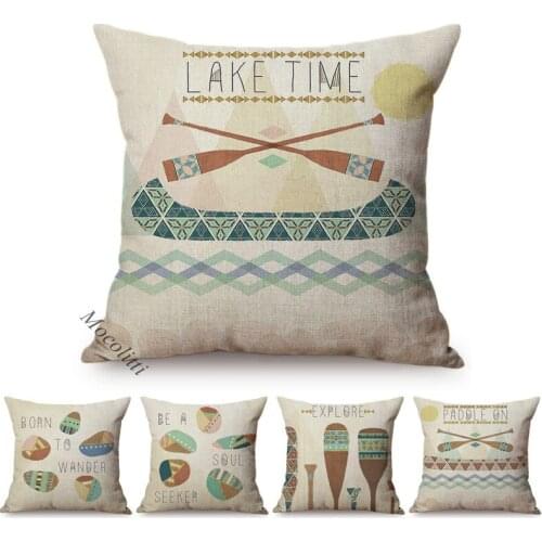 Nordic Pastel Painting Navigation Boat Paddle Sofa Decoration Throw Pillow Case Letter Geometric Cotton Linen Bed Cushion Cover