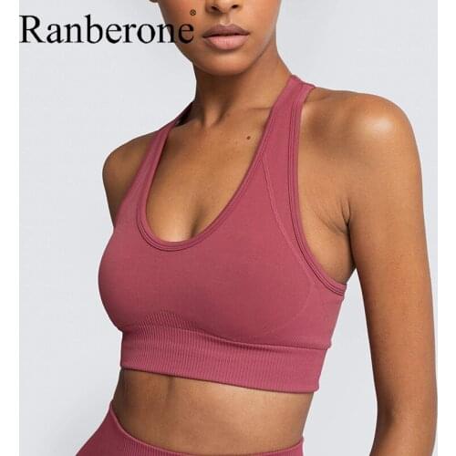 Ranberone Top Female Sports Breathable Yoga Vest Solid Color Running Underwear Seamless Womens Bra Gym Clothes Sportswear