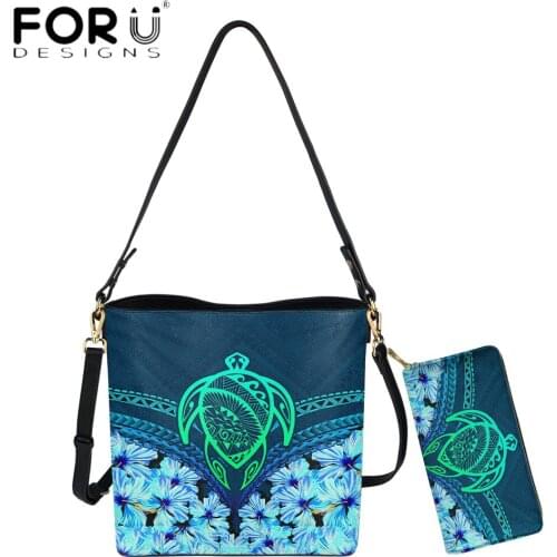 FORUDESIGNS Vintage Women Bucket Bag Hawaii Turtle With Polynesian Hibiscus Pattern Print Female PU Leather Shoulder Bags Purse