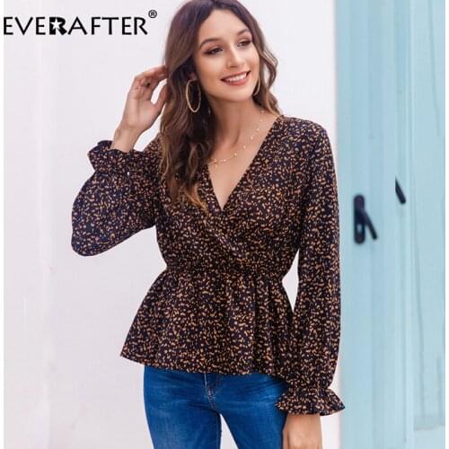 EVERAFTER Sexy V-neck leopard print blouse women shirt Autumn ruffles long sleeve slim casual elegant chic office lady blouses
