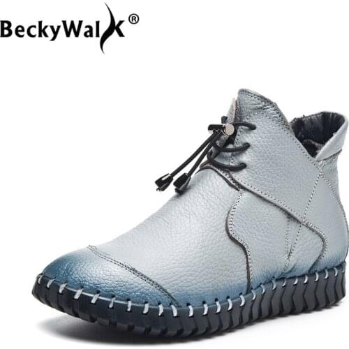 BeckyWalk 2021 New Women Ankle Boots Winter Women Shoes Genuine Leather Lace Up Plush Snow Boots Big Size Ladies Booties WSH3070