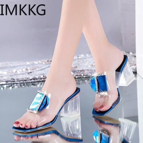 2020 Clear Summer Sandals Women Shoes Woman Mules Metal Buckle Slides Peep Toe Transparent Square High Heels Female Shoes
