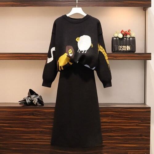 Plus size Knitted Two Piece Set Women Pullovers O collar Loose Sweater+Skirts Outfits for Woman Cartoon print Lady Suits Set big