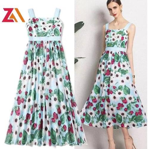 High Street Fashion Women Designer Summer Chic Beach Blue Midi-long Dresses Woman Floral Printed Elegant Holiday Strap Dress ZA
