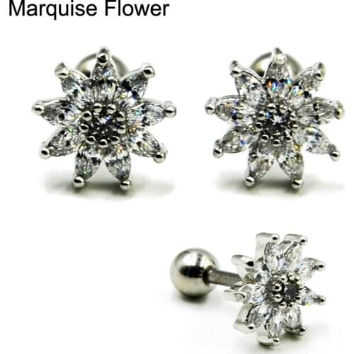 1Pc Surgical Steel Prong Set Marquise Flower CZ Gem Square Tragus Cartilage Helix Earring Stud Piercing Ear Body Jewelry 16g