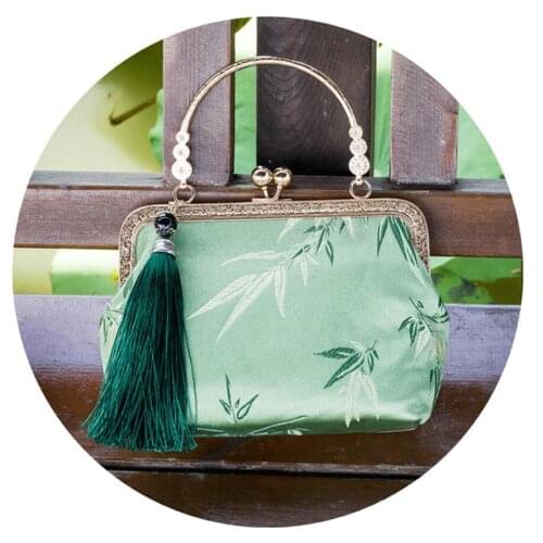 2021 Angelatracy New Green Gold Bag Bamboo Satin Chinese Tassel Clasp Ball Rivet Women Metal Frame Tote Crossbody Bag Handbag
