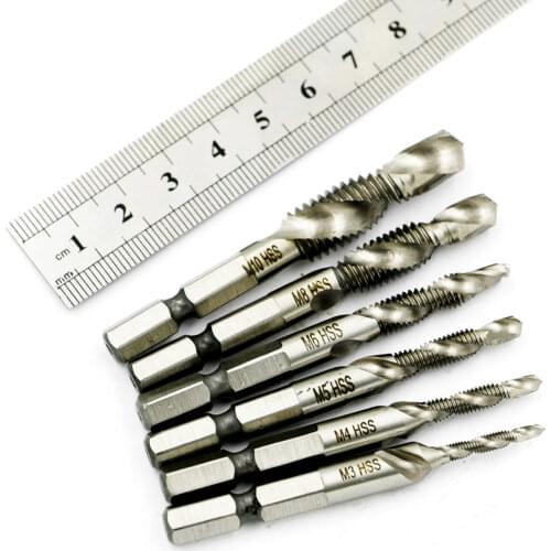 Hot 6pcs HSS High Speed Steel Thread Metric Spiral Screw M3 M4 M5 M6 M8 M10 Metric Composite Thread Tap Drill Bit