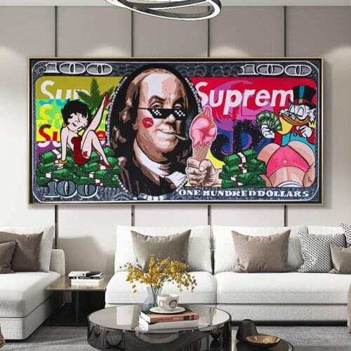 Mickey Mouse And Donald Duck Graffiti On Dollar Money Art Poster And Prints Watercolour Canvas Wall Painting For Room Decoration