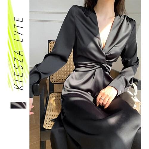 Satin Knotted Dress Elegant High Waist French Midi Dresses Autumn Clothes Women 2021 Vestido Female