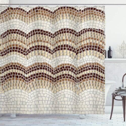 Beige Shower Curtain, Gradient Colored Mosaic Waves Setting Antique Roman Royal Dated Retro Patterns, Cloth Fabric Bathroom