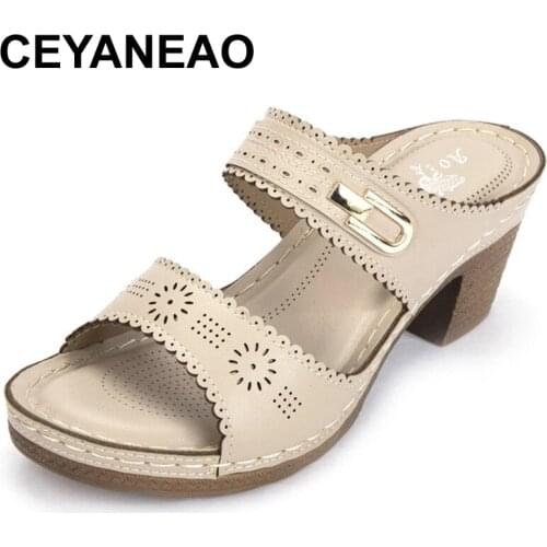 CEYANEAO 36-41 Plus Size Boho Casual Women Slippers Summer Thick Heel Slippers for Womens Round Toe Metal Button High Heel Girl