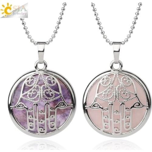CSJA Fatima Natural Stone Pendants Necklaces Round Cabochon Beads Purple Crystal Pink Quartz Lava Hamsa Hand Amulet Jewelry G488