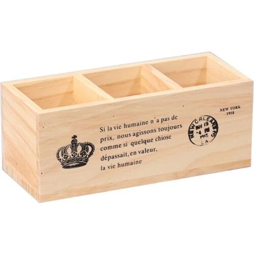 Rectangular Retro Wooden TV Remote Control Pen Phone Holder 3 Grid Organizer Box R7RC