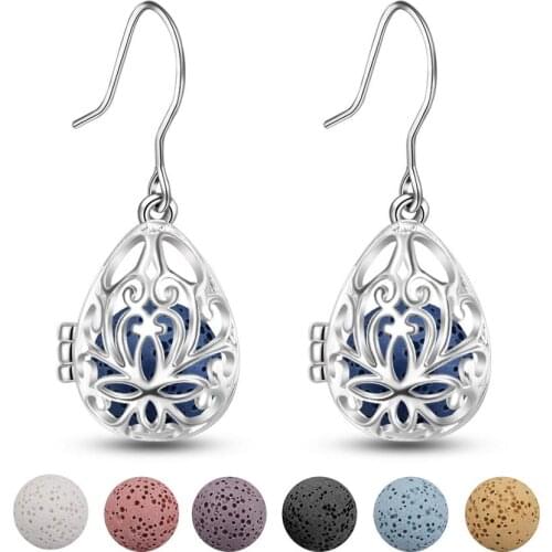 EUDORA 12mm Water Drop Fashion Dangle Earring Lava Stone Hollow out Earrings Aromatherapy Essential Oil Diffuser Hook Earring