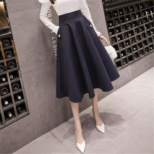 Fairyshely Vintage High Waist Long Skirt Women 2021 Autumn Pleated Skirt Korean Black Cotton A-line Skirt