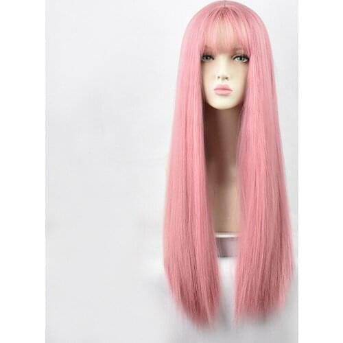 GAKA Ladies Long Straight Synthetic Hair Pink Heat-Resistant Cosplay Wig With Bangs For Women