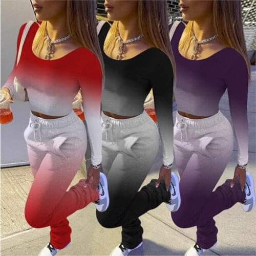 Gradient 2 Two Piece Set for Women Outdoor Active Tee Stacked Pants Set Sporty Tracksuit Fitness Matching Set Outfit