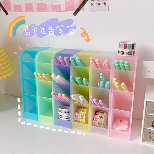 Kawaii Pen Holder Macaroon Color Gird Pencil Storage Box Cute Desktop Organizer Desk Makeups School Office Stationery