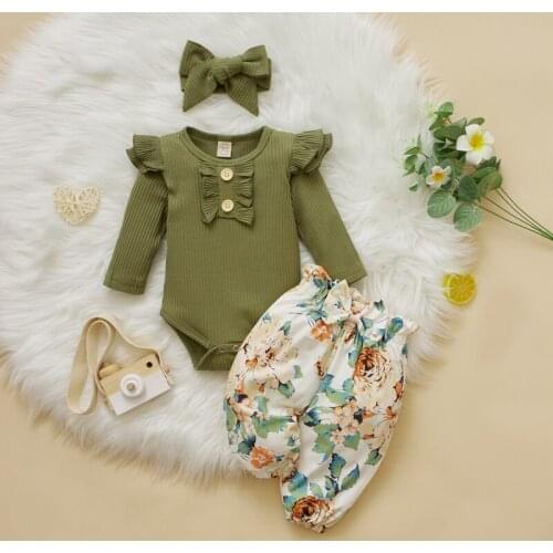3Pcs Toddler Outfit Solid Color Ruffled Long Sleeve Romper + Floral Elastic Waist Pants + Headband for Baby Girls 0-18 Months