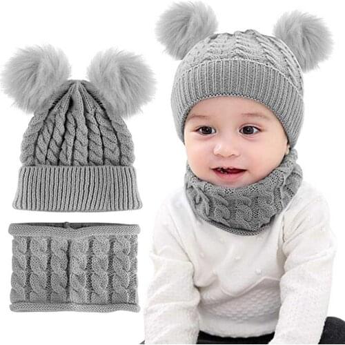 Warm Scarf Cap Set Solid Newborn Baby Boy Girl Pom Pom Hat Winter Warm Knit Crochet Kids Beanie Scarf Sets Шарф Теплый Вязаный