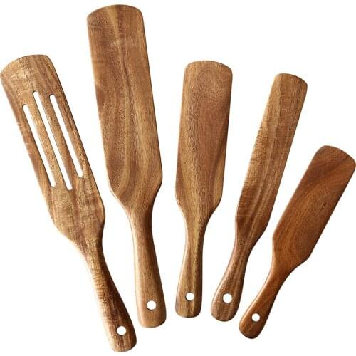 Kitchen Utensil Set Spatula Shovel Wooden Handle Cooking Tools Natural Teak 5pac 5 Piece Non-stick Heat Resistance Nordic 5 Pcs