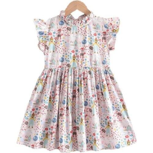 Summer new girls children baby bear cartoon print collar dress cute flying sleeve princess girl skirt