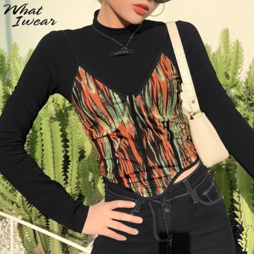 Solid Tshirts Graphic Print Vest Two Pieces Chic Casual Long Sleeve Top Stretchy Shirt Female Fashion Tees Harajuku