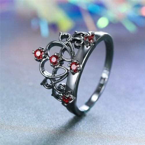 Cute Female Crystal Red Stone Ring Vintage Black Gold Wedding Rings For Women Promise Love Queen Crown Engagement Ring