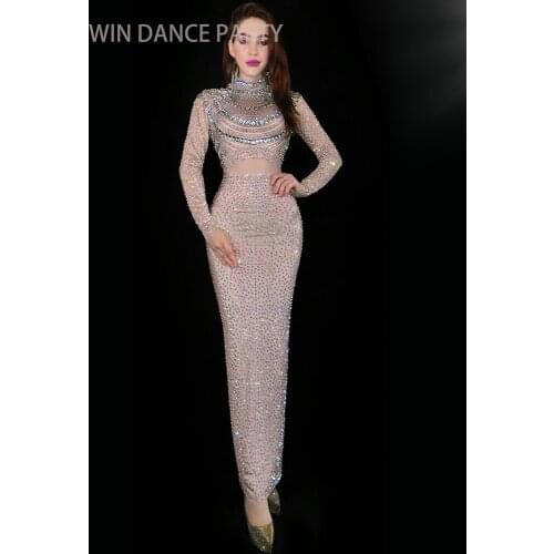 Multi-color Mesh Evening Sparkly Rhinestones Spandex Dress Womens Birthday Celebrate Clothes Women Singer Bar Dancer Long Dress