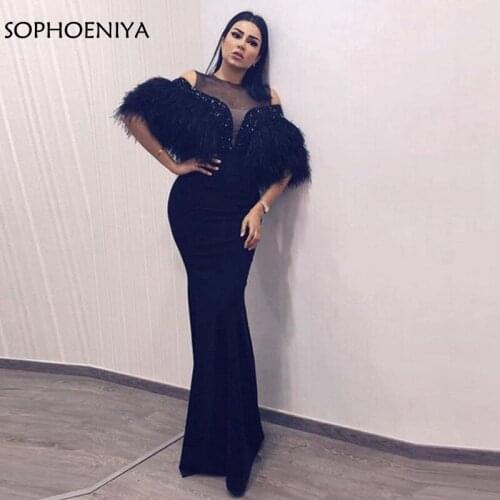 New Arrival Black Mermaid evening dresses Long 2021 Feathers with Beading Dubai Kaftan Formal dress Arabic Party evening dress