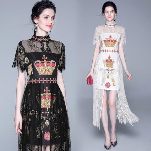 2020 Runway Vintage Crown Print Dress For Women Short Sleeve Stand Collar Sexy Perspective Lace Patchwork Mid-Calf Length Dress