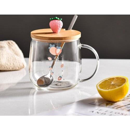 3D Lid Cartoon Strawberry Cute Water Glass Transparent Mug Borosilicate Glasses Milk Bottle Coffee Juice Drinkware Cup Gift