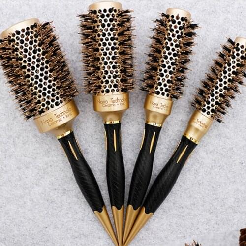 Hot Selling 4 set differen Durable Ceramic Iron aluminium tube gold Round Comb Hair Dressing Brush Salon Styling Barrel