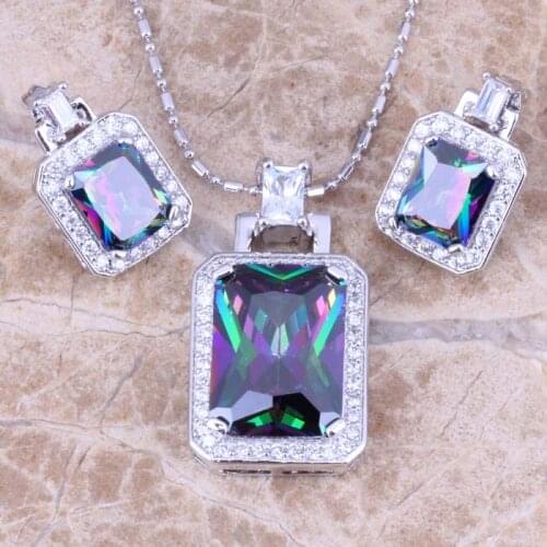 Tantalizing Rainbow Cubic Zirconia White CZ Silver Plated Earrings Pendant Necklace Jewelry Sets S0763