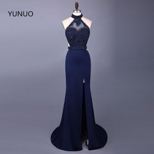 YUNUO Fashion New Halter Black Long Evening Dresses Robe De Soiree Backless Mermaid Arabic Women Prom Dresses S7030402
