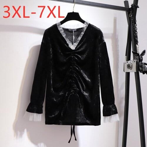 New autumn winter plus size tops for women large long sleeve casual loose velvet ruffle black V neck T-shirt 3XL 4XL 5XL 6XL 7XL